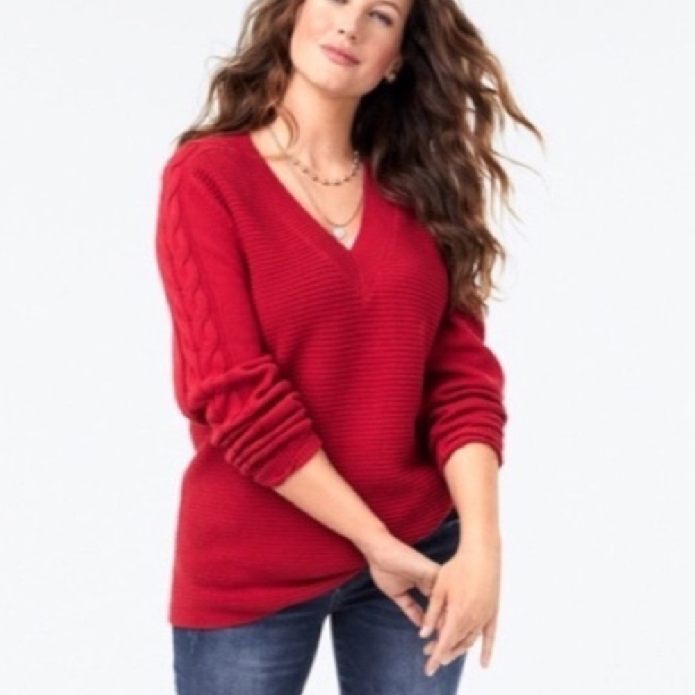 Cabi Red Cable Knit Sleeve V-Neck Sweater | 100% Cotton | Size Small